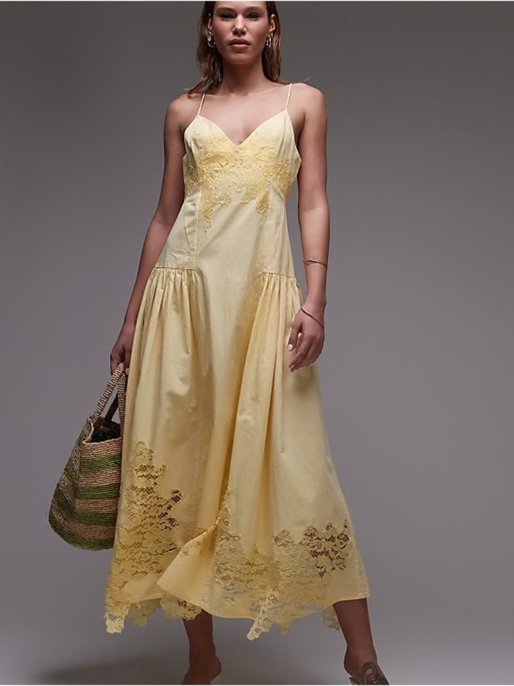 Topshop Yellow Lace-Trim Midi Slip Dress